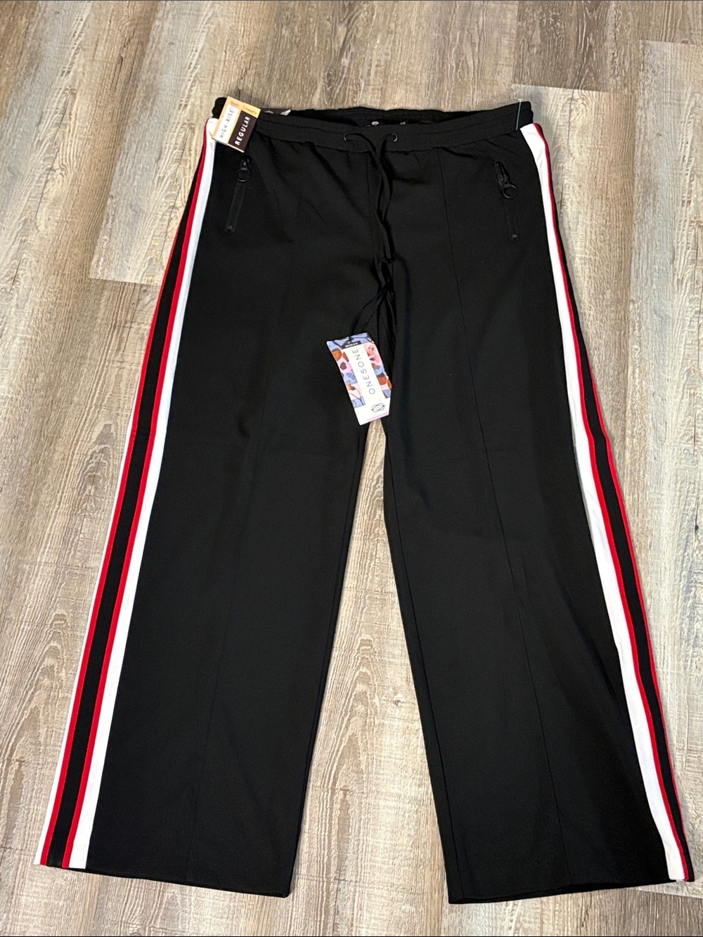one 5 one Black Wide Leg Pants with Red and White Side Stripes
